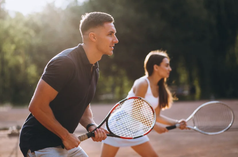 Jugadores de tenis entrenando con ropa deportiva en pista de tierra batida