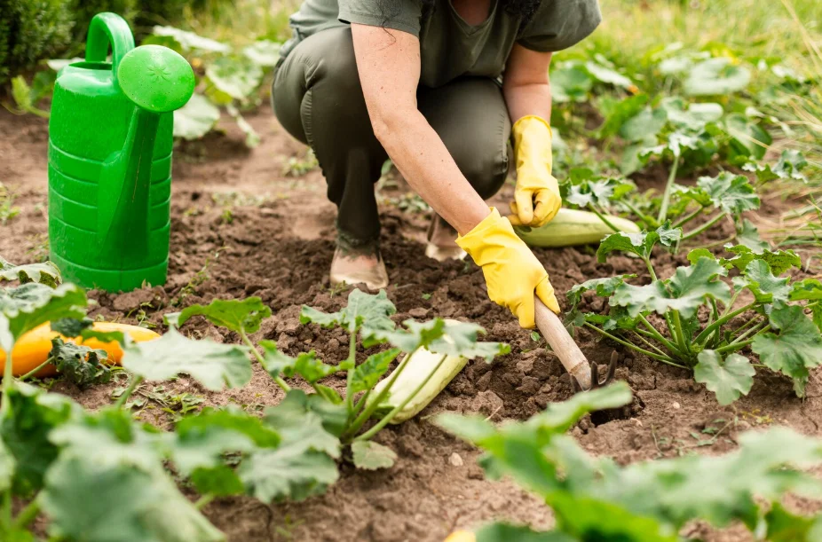 Persona trabajando la tierra y cuidando cultivos en una huerta comercial.