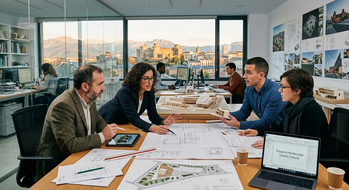 Arquitectos de un estudio de arquitectura en Madrid revisando juntos un proyecto