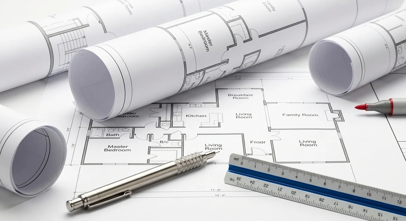 Planos de proyectos de arquitectura sobre la mesa de trabajo de un estudio